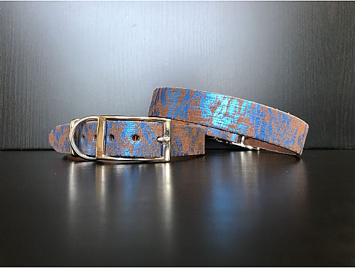 Brown with Blue Metallic Flowers - Leather Dog Collar - Size M